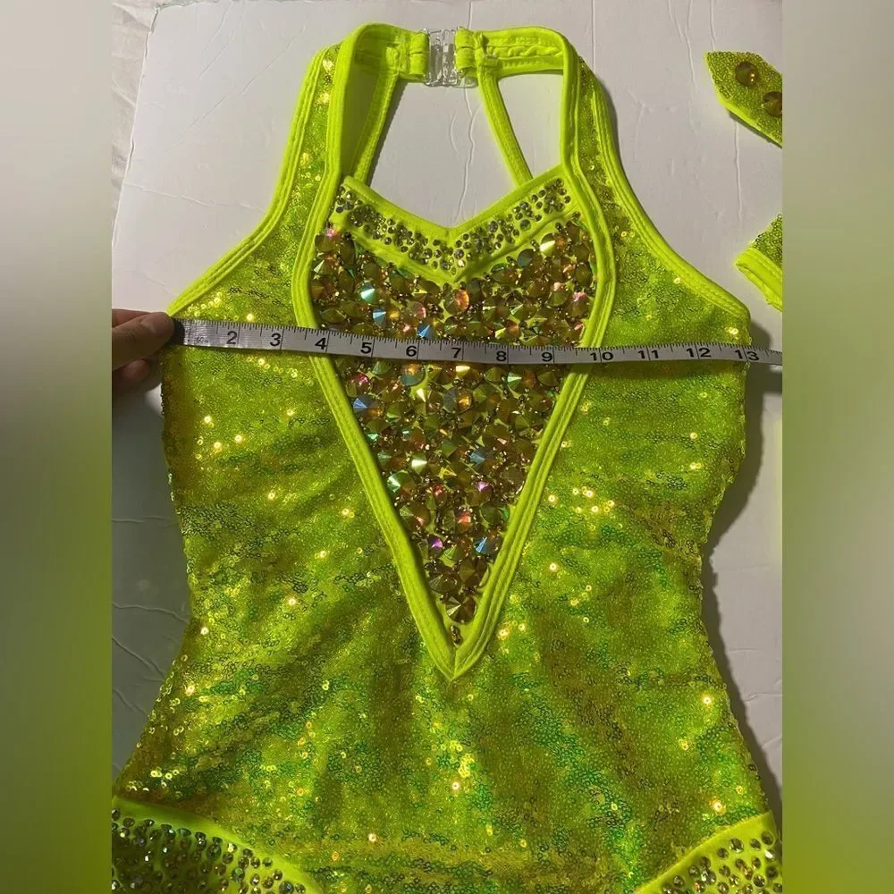 Rare Glamour Competition Solo Costume Neon Lime green Crystal Jazz Open SA adult